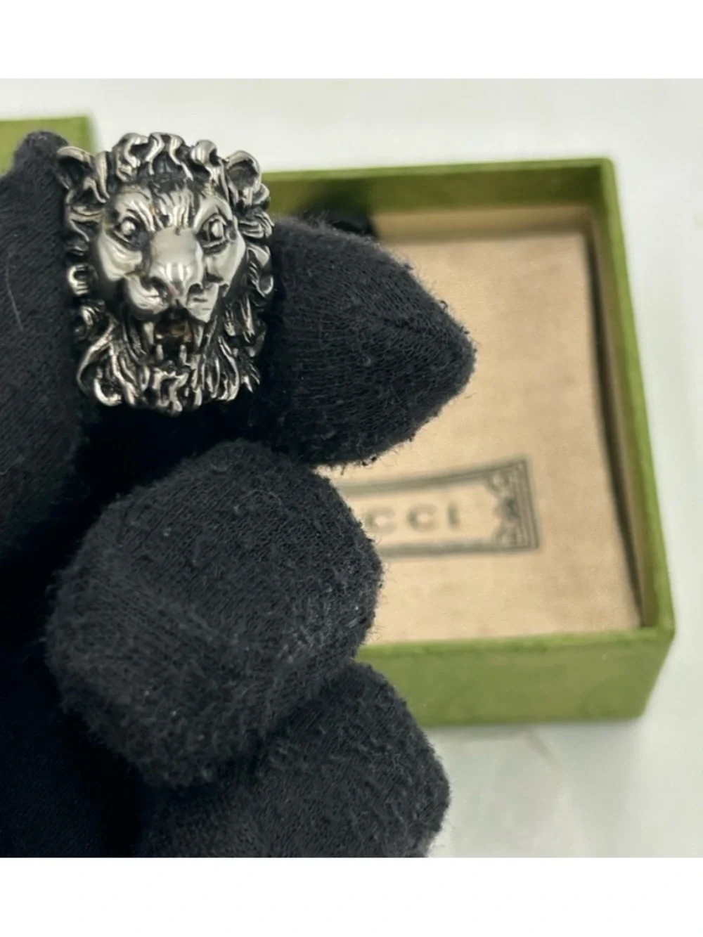 Unisex, Gucci, aged silver Lionhead ring open mouth, roaring expression, size 10